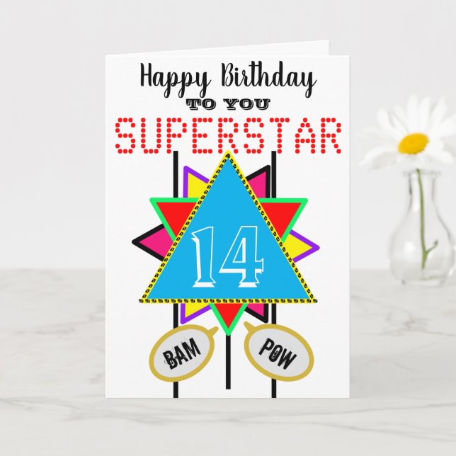 14th Birthday Superstar Blue ANY AGE Card (Small Plant)