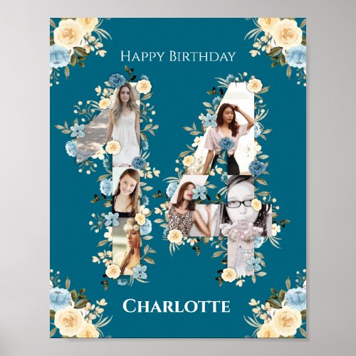 14th Birthday Teal Flower Photo Collage Yellow Poster