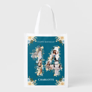 14th Birthday Teal Photo Collage Yellow Flower Grocery Bag