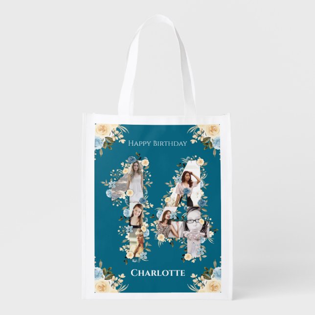 14th Birthday Teal Photo Collage Yellow Flower Grocery Bag (Front)