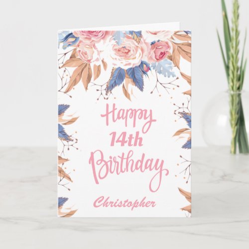 14th Birthday Watercolor Botanical Pink Floral Card