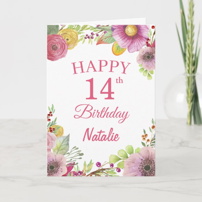 14th Birthday Watercolor Floral Flowers Pink Card (Front)