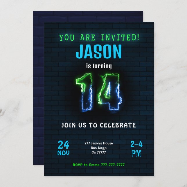 14th Boy Birthday Invitation (Front/Back)