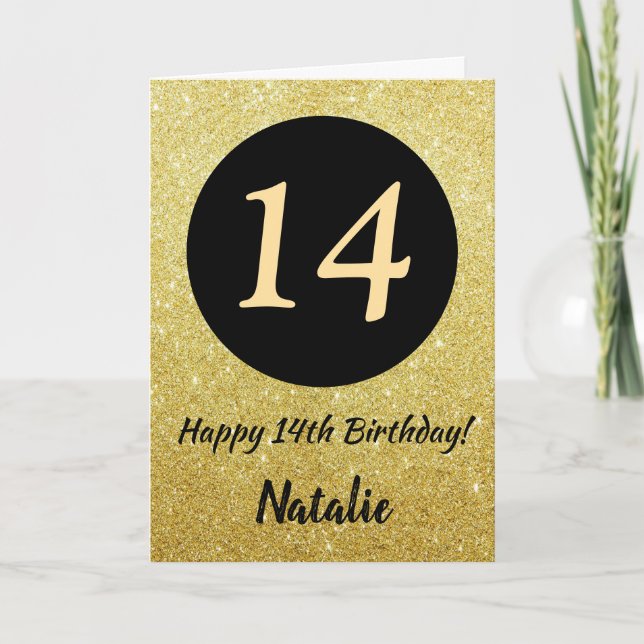 14th Happy Birthday Black and Gold Glitter Card (Front)