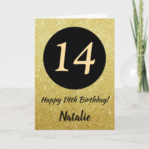 14th Happy Birthday Black and Gold Glitter Card