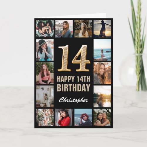 14th Happy Birthday Black and Gold Photo Collage Card