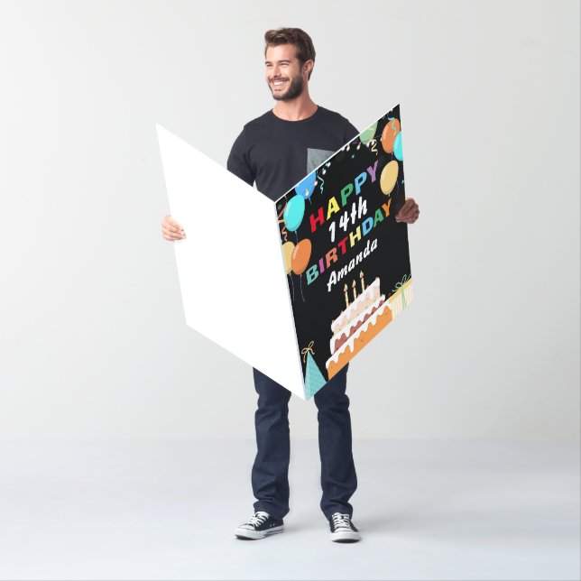 14th Happy Birthday Cake Black Extra Large Jumbo Card (In Situ)