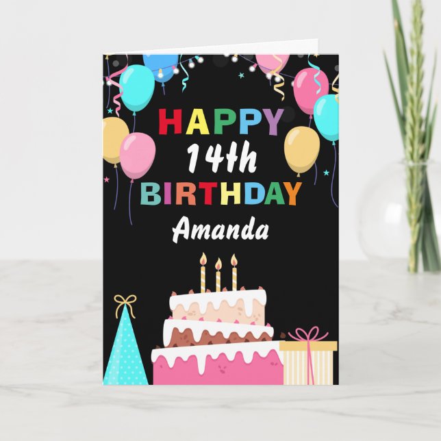 14th Happy Birthday Colorful Balloons Cake Black Card (Front)