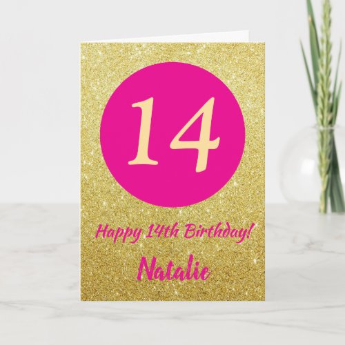 14th Happy Birthday Hot Pink and Gold Glitter Card