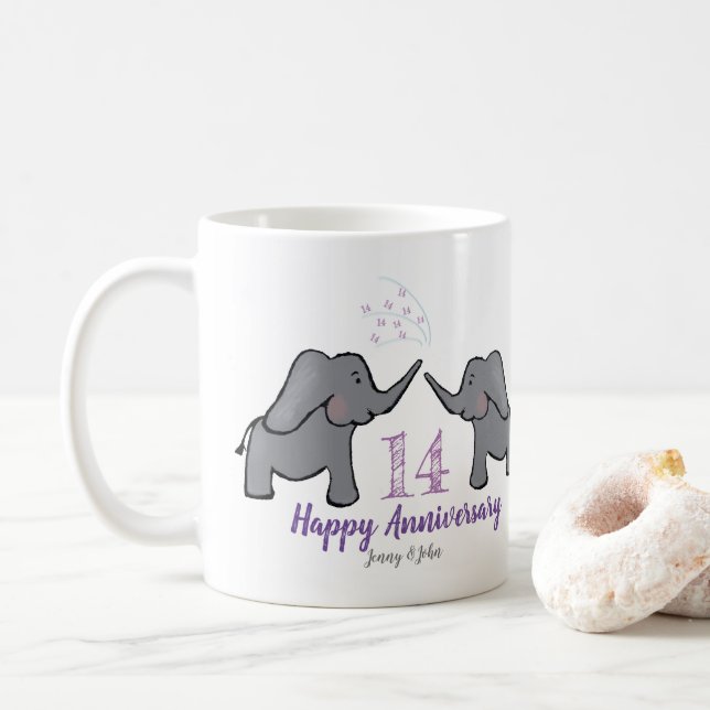 14th ivory wedding anniversary cute elephant coffee mug (With Donut)