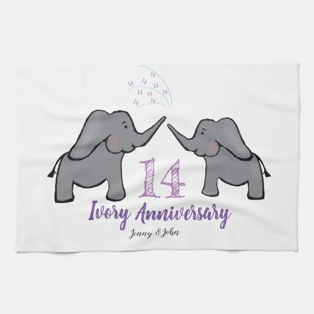 14th ivory wedding anniversary cute elephant kitchen towel (Horizontal)