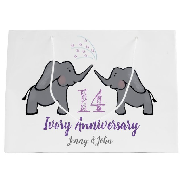 14th ivory wedding anniversary cute elephant large gift bag (Front)