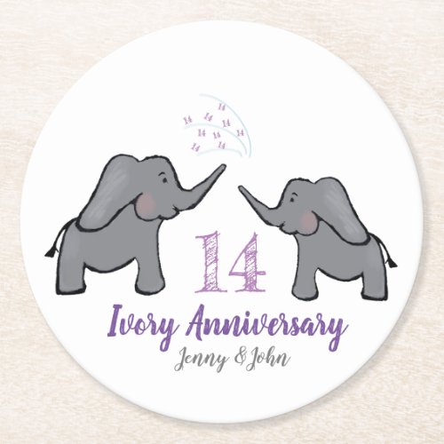 14th ivory wedding anniversary cute elephant round paper coaster