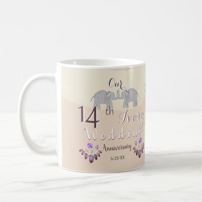 14th Ivory Wedding Anniversary Elephants & Opals  Coffee Mug (Left)