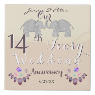 14th Ivory Wedding Anniversary Elephants & Opals Faux Canvas Print