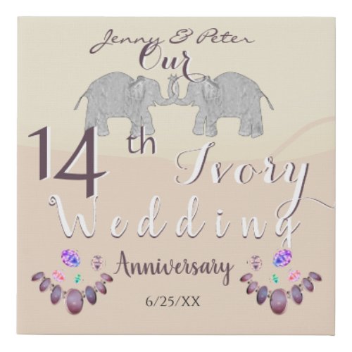 14th Ivory Wedding Anniversary Elephants  Opals Faux Canvas Print