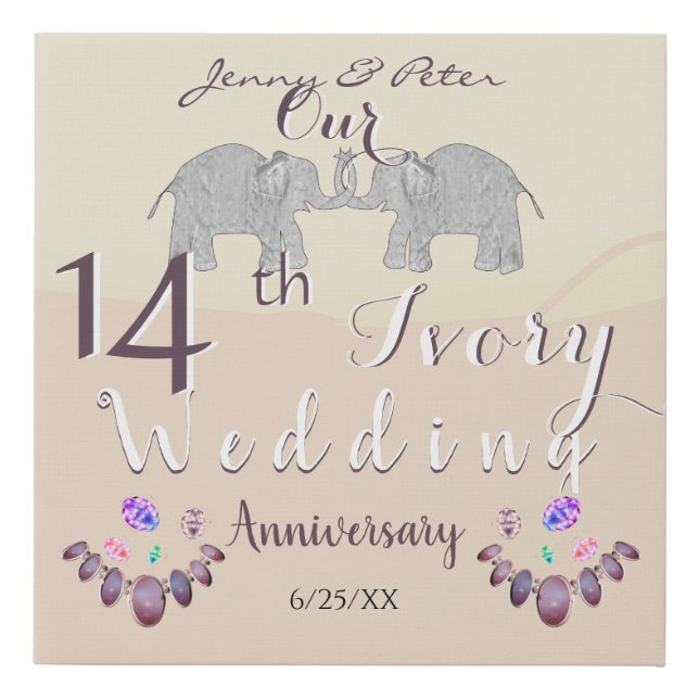 14th Ivory Wedding Anniversary Elephants & Opals Faux Canvas Print (Front)