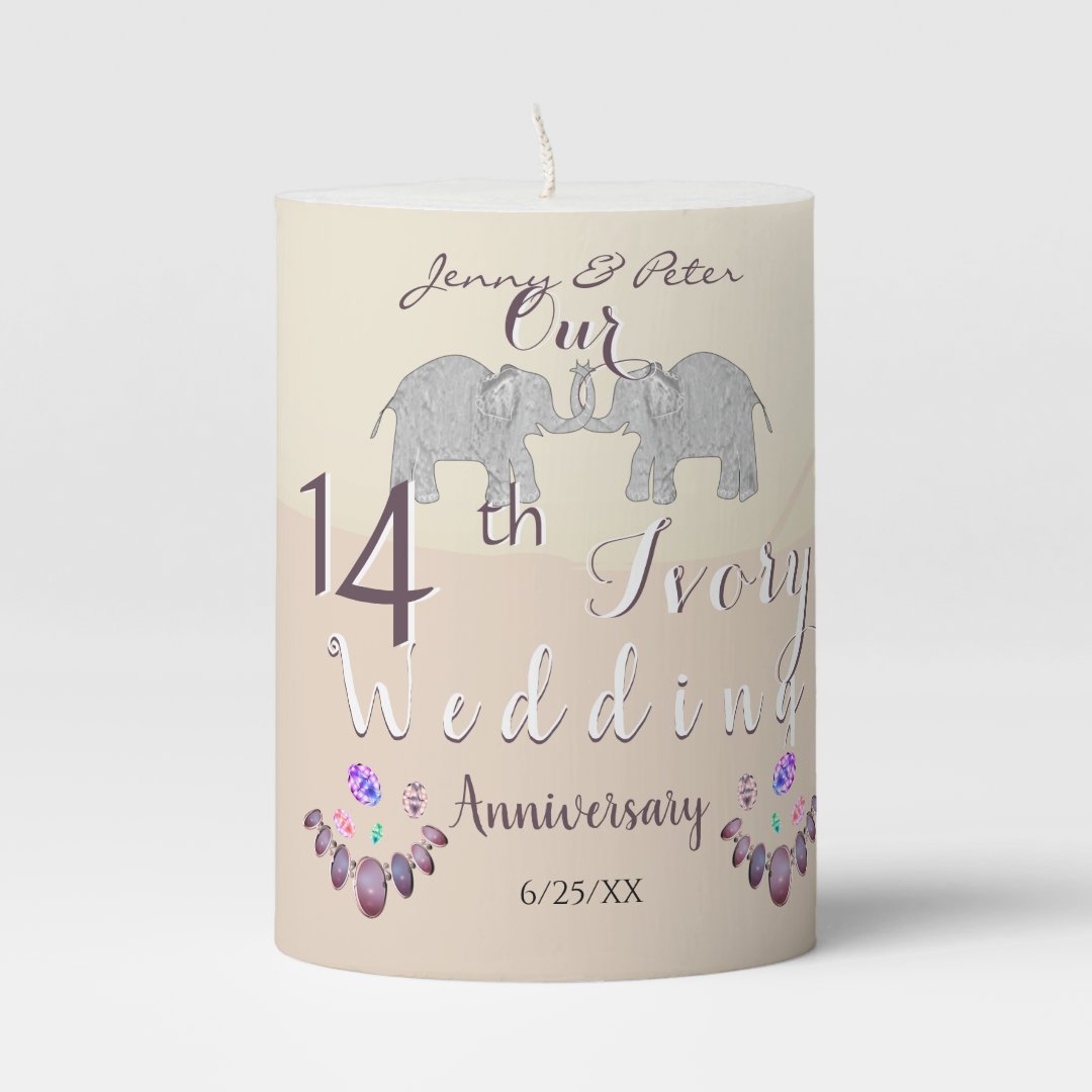 14th Ivory Wedding Anniversary Elephants & Opals Pillar Candle Zazzle