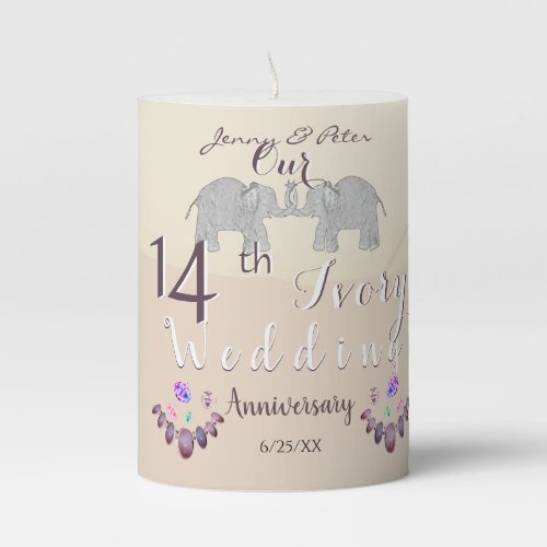 14th Ivory Wedding Anniversary Elephants  Opals  Pillar Candle