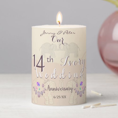 14th Ivory Wedding Anniversary Elephants  Opals   Pillar Candle