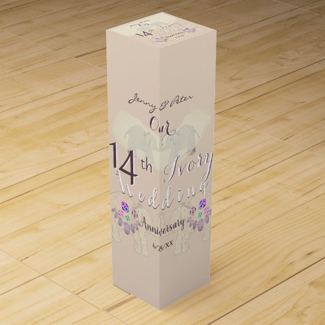 14th Ivory Wedding Anniversary Elephants & Opals   Wine Box (Front)