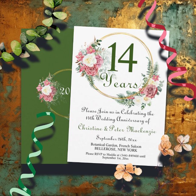 14th Ivory Wedding Anniversary Roses Gold Frame Invitation (Creator Uploaded)