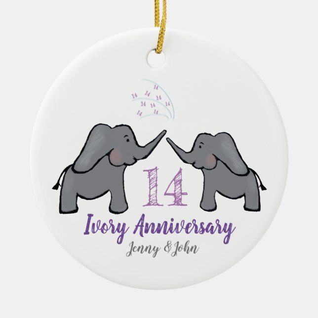 14th purple ivory elephant anniversary ceramic ornament (Front)