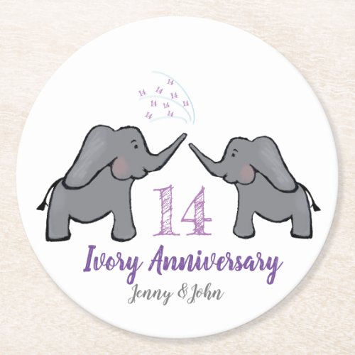 14th purple ivory elephant anniversary round paper coaster