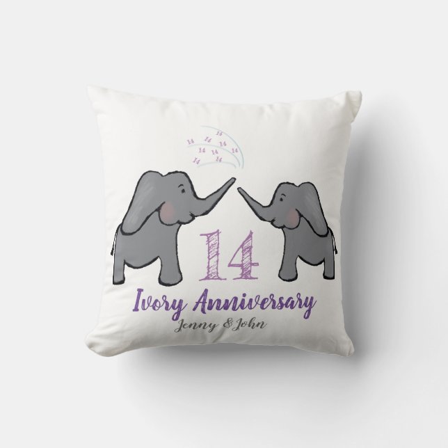 14th purple ivory elephant anniversary throw pillow (Front)