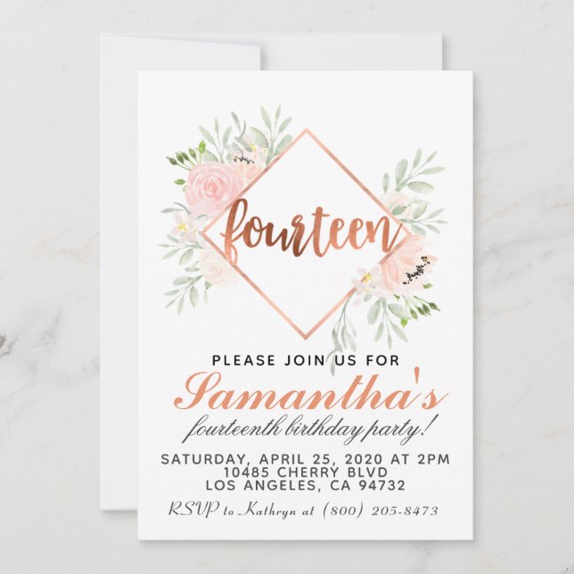 14th Rose Gold Birthday Invitation (Front)