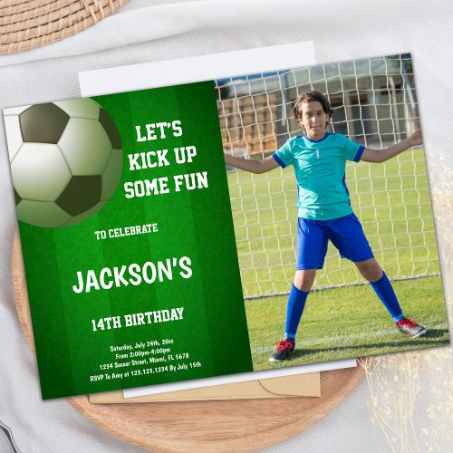 14th Soccer Birthday Invitations with photo