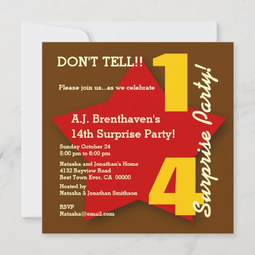 14th SURPRISE Birthday Party BROWN RED Star S06 Invitation