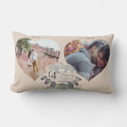 14th Wedding Anniversary 2 Photos Hearts  Lumbar Pillow