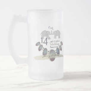14th Wedding Anniversary Elephants & Opals Frosted Glass Beer Mug