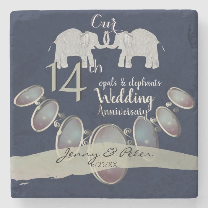 14th Wedding Anniversary Opals and Elephants Navy Stone Coaster