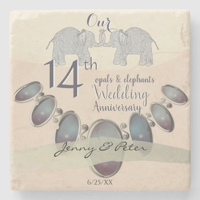 14th Wedding Anniversary Opals and Elephants Stone Coaster (Front)