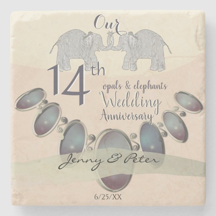 14th Wedding Anniversary Opals and Elephants Stone Coaster