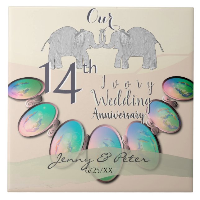 14th Wedding Anniversary Opals & Elephants Ceramic Tile (Front)