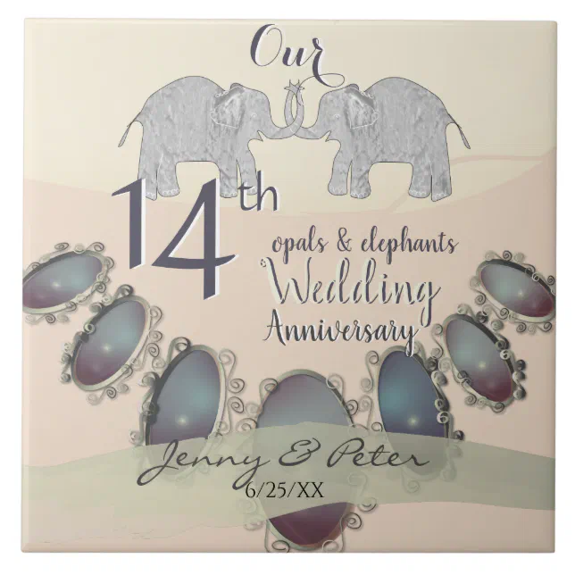 14th Wedding Anniversary Opals & Elephants Ceramic Tile Zazzle
