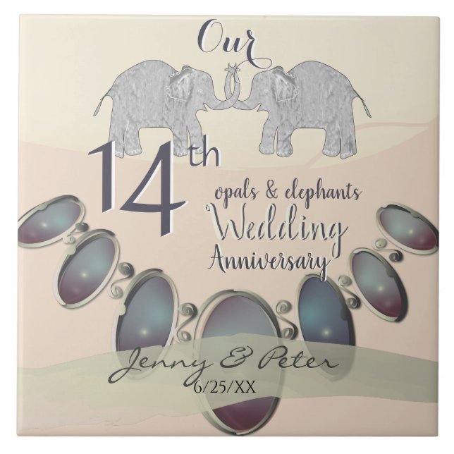 14th Wedding Anniversary Opals & Elephants Ceramic Tile (Front)