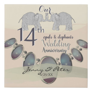 14th Wedding Anniversary Opals & Elephants Faux Canvas Print