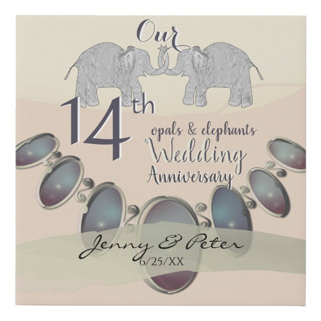 14th Wedding Anniversary Opals & Elephants Faux Canvas Print (Front)