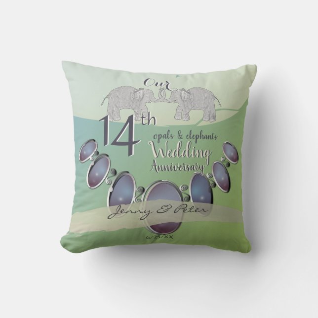 14th Wedding Anniversary Opals & Elephants Green Throw Pillow (Front)