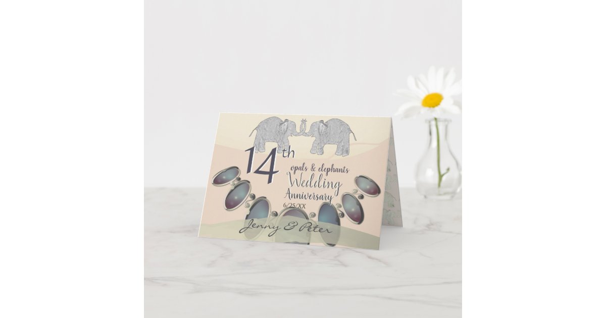 14th Wedding Anniversary Opals & Elephants Ivory Card Zazzle