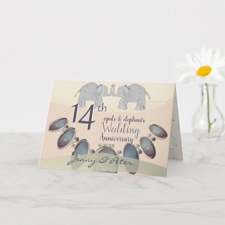 14th Wedding Anniversary Opals & Elephants Ivory Card Zazzle