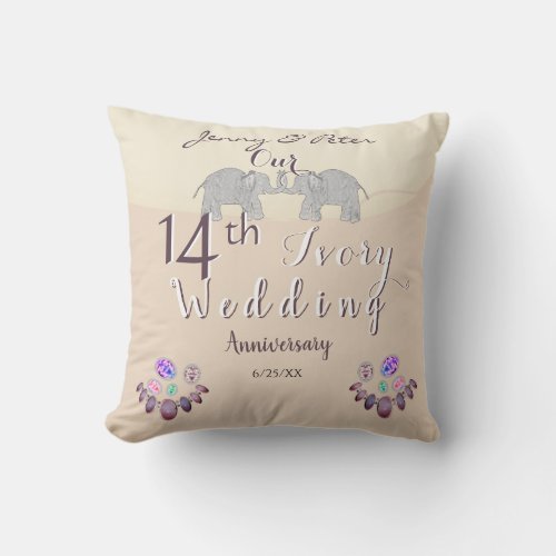 14th Wedding Anniversary Opals  Elephants Ivory T Throw Pillow