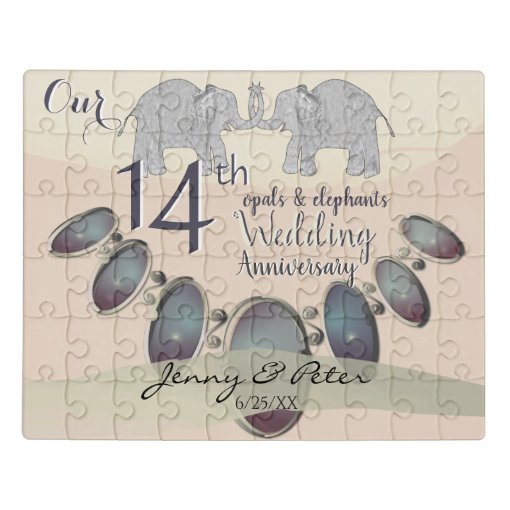 14th Wedding Anniversary Opals & Elephants Jigsaw Puzzle Zazzle