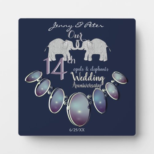 14th Wedding Anniversary Opals  Elephants Navy Plaque