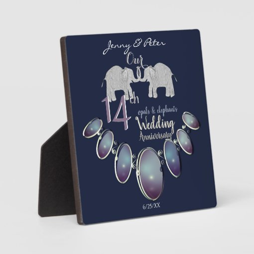 14th Wedding Anniversary Opals & Elephants Navy Plaque Zazzle