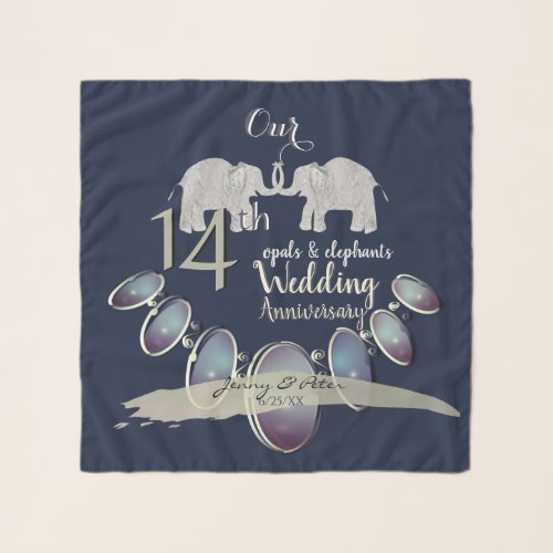 14th Wedding Anniversary Opals  Elephants Navy Scarf